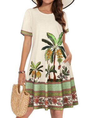 Women's Apricote Flower Short Sleeve Floral Sundress Beach Cover Mini Dress